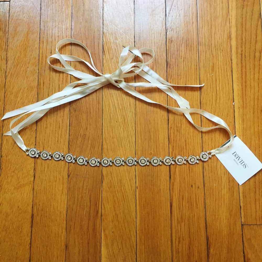 Bridal Satin Ribbon Tie Belt w/ Round Pave Crystal